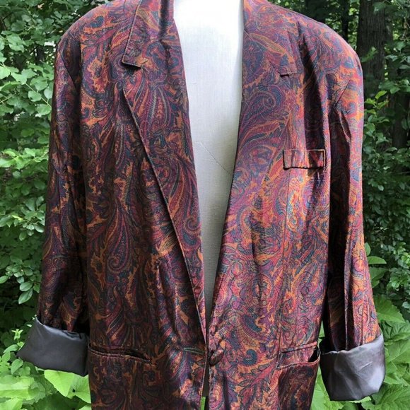 Vtg 80's 90's Paisley Blazer Oversize Silky BOHO Women's L Shoulder Pads - Picture 1 of 5